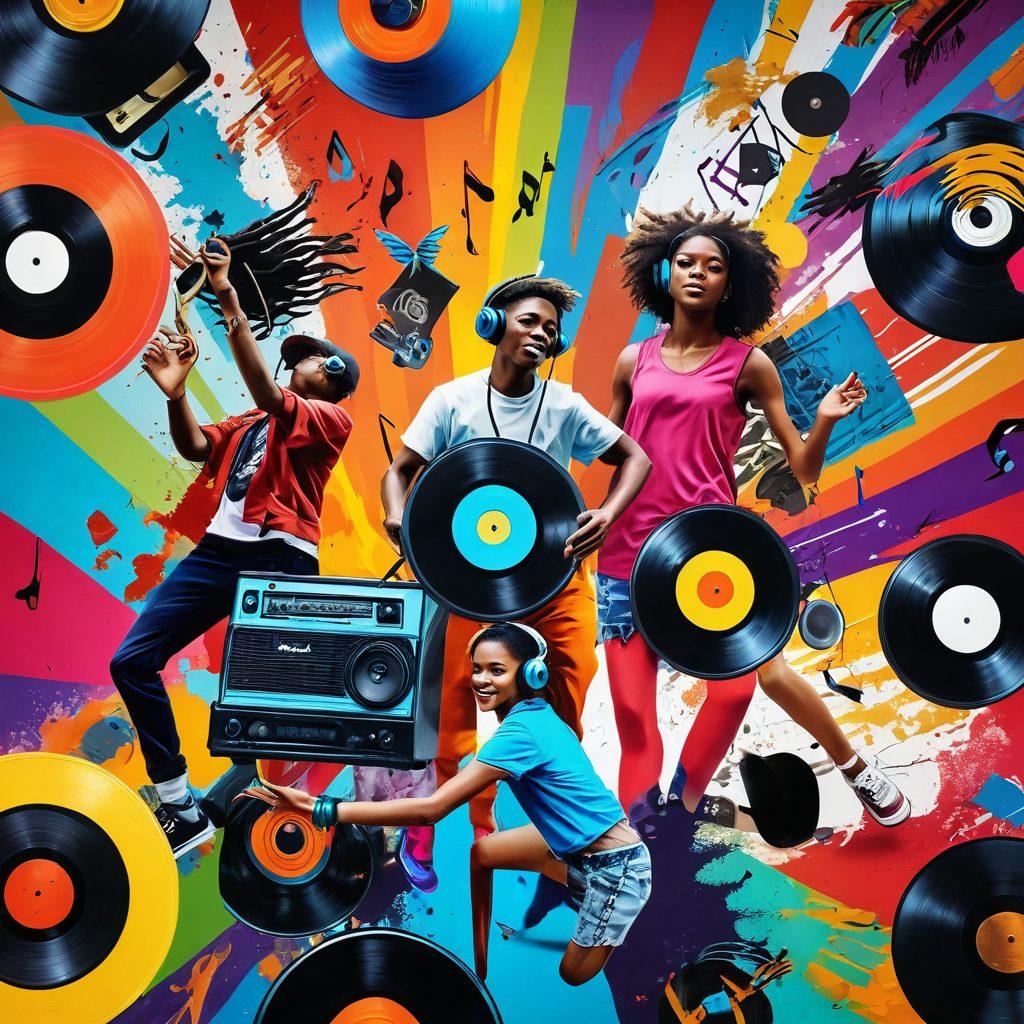 A vibrant collage of iconic musical instruments blending into colorful sound waves, featuring diverse young people dancing and enjoying music. Include retro vinyl records, modern headphones, and music notes floating around. The background should represent different music genres like rock, hip-hop, and pop with graffiti art elements. Capture the energy and passion of youth culture through dynamic colors and expressive poses. super-realistic. vibrant colors. 3D.