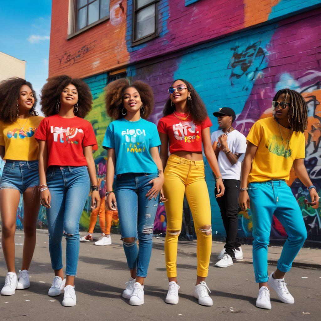 A vibrant street scene showcasing diverse young people in trendy outfits, expressing themselves through dance and music. Incorporate bold graffiti art in the background highlighting various youth culture elements like fashion, musical instruments, and colorful accessories. Capture the energy and joy of youth culture with dynamic poses and bright colors. super-realistic. vibrant colors. urban setting.