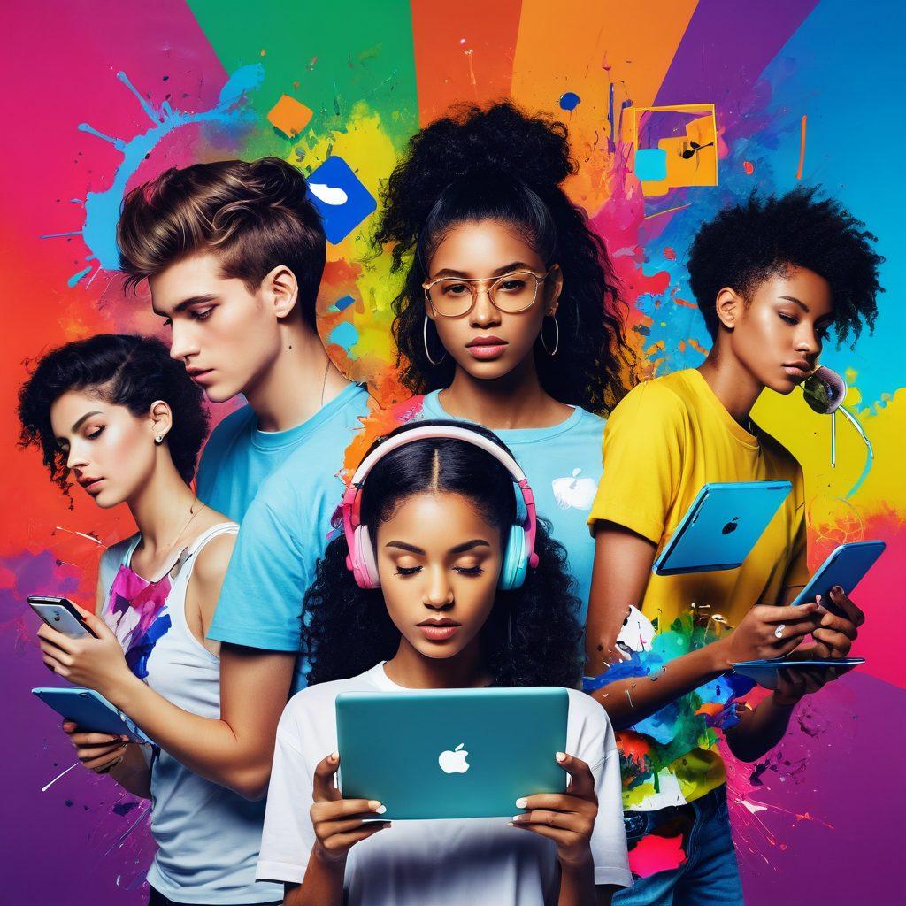 A colorful collage showcasing diverse young individuals interacting with their digital devices, expressing their individuality through fashion and creative art forms. The background features floating social media icons and elements representing self-expression like paint splashes and musical notes. Incorporate a sense of connection and creativity in a vibrant, dynamic composition. surrealism. vibrant colors. digital art.
